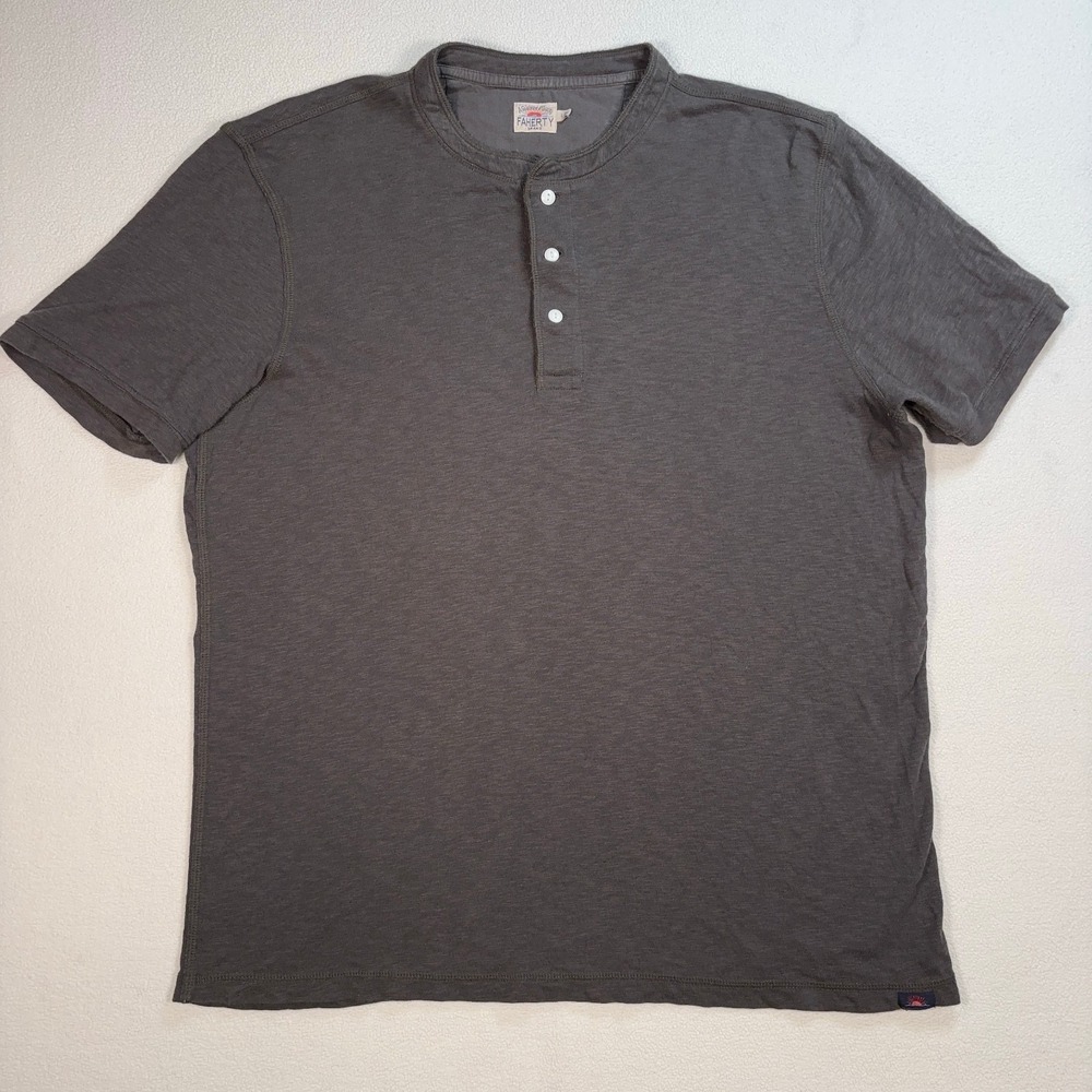 Faherty Cotton-Linen Henley Shirt‎ Men's L Gray Organic Rugged Surf Coastal
